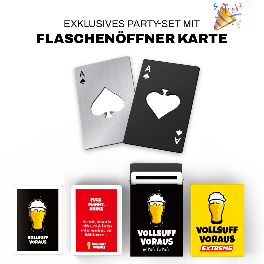 VOLLSUFF VORAUS – Party-Set mit Flaschenöffner Karte