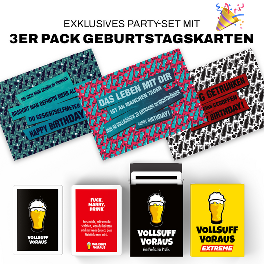 VOLLSUFF VORAUS – Party-Set mit 3er Pack Geburtstagskarten